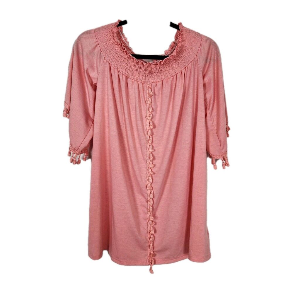 And The Why Soft Pink Flowy Fringe Boho Festival Cottage Coquette  Blouse SZ M